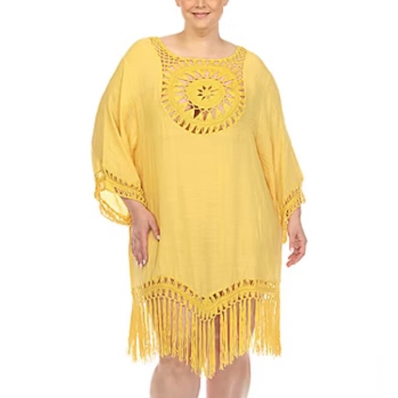 Yellow Beach/Pool Cover Up with Crochet Design - Plus Size Fits Most 1X-3X NEW - Picture 1 of 12